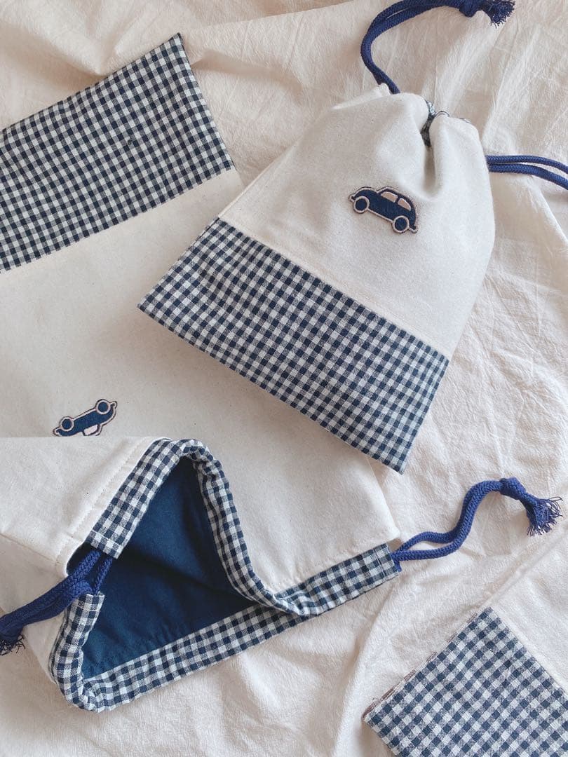 ハンドメイド 4点セット 入園入学グッズ くるま ネイビー チェック