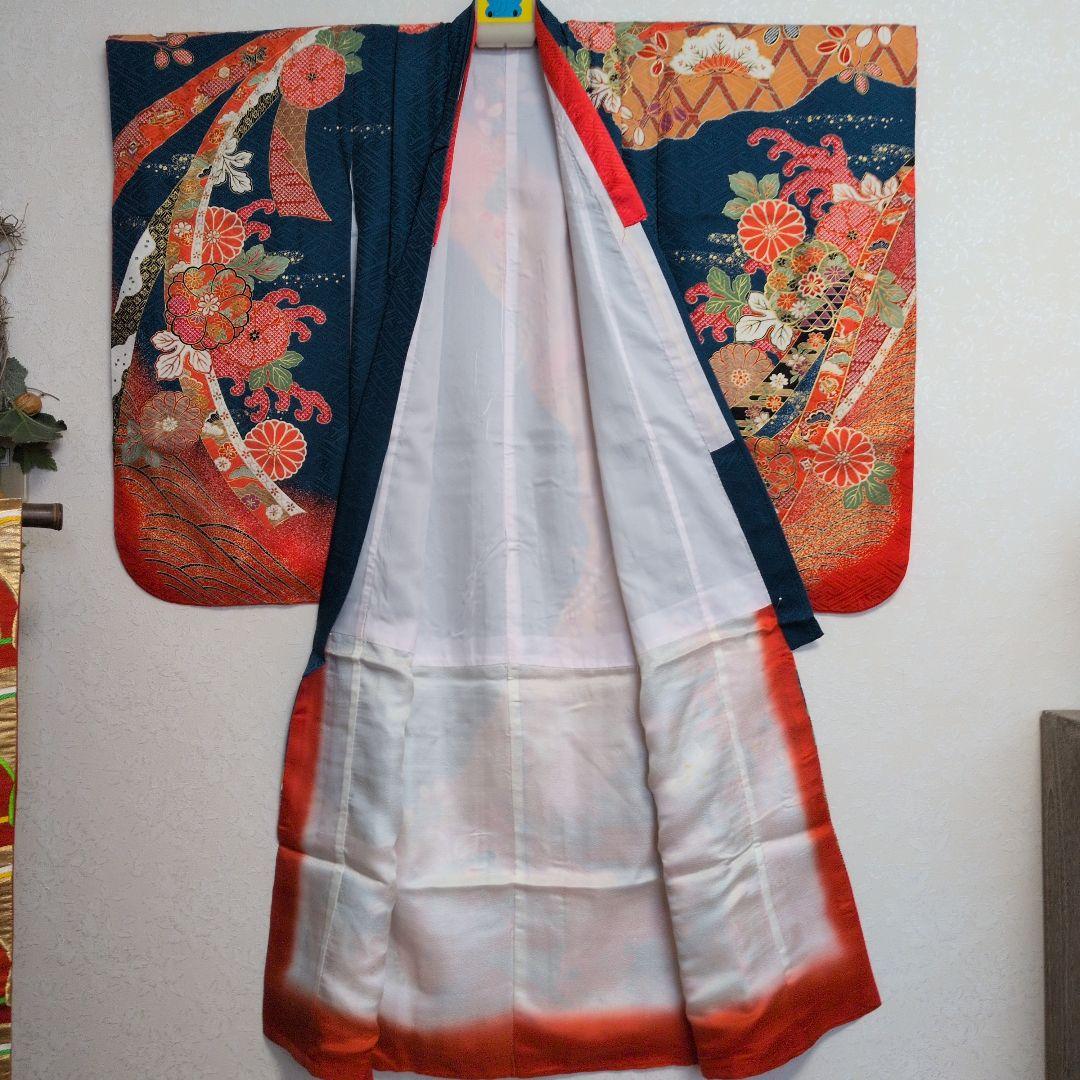 古典柄　七五三着物セット　7歳　女の子　化繊　袋帯、長襦袢　小物