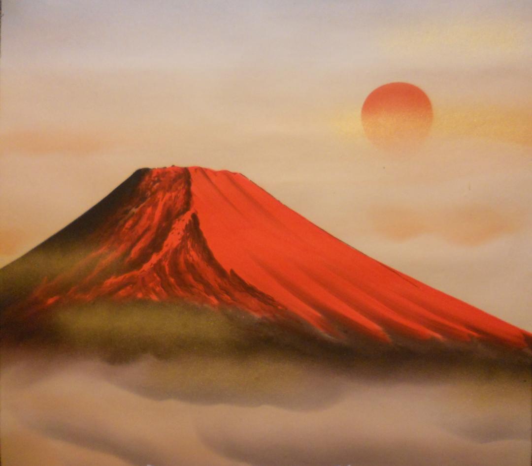 掛け軸 鉄堂 赤富士夫婦岩 絹本 希少 軸装 茶道具 掛軸 美品 です。