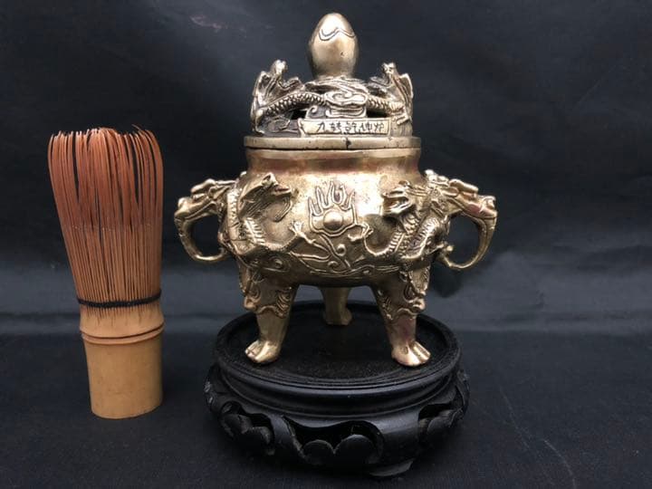 香炉 大明宣徳 黄銅 彫刻 置物 台座 開運 風水 骨董 古美術 アンティーク