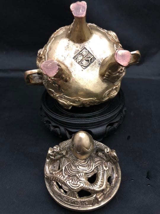 香炉 大明宣徳 黄銅 彫刻 置物 台座 開運 風水 骨董 古美術 アンティーク