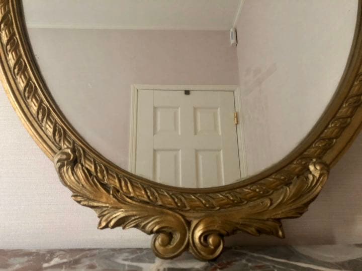 フランスアンティーク　大きなリボン&リース装飾ミラー　金ゴールド