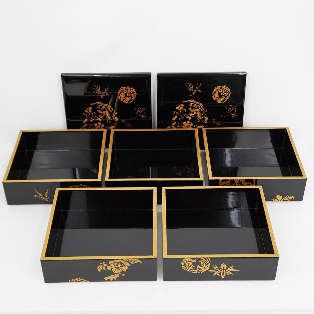 漆 蒔絵 重箱 五段 蓋2枚付き 松竹梅 縁起物 収納箱 付属 黒 - メルカリ