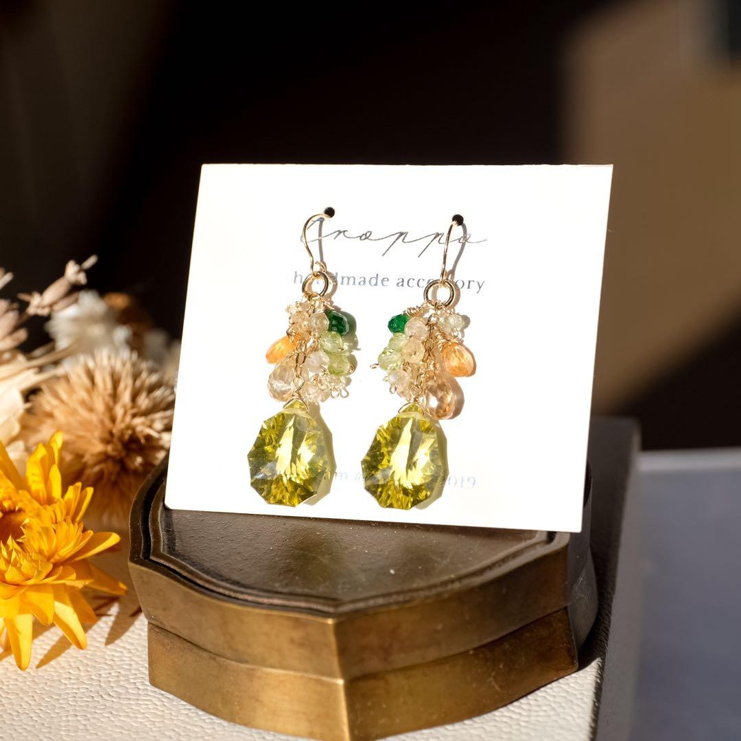 14kgfレモンクォーツロゼッタカービングピアス/イヤリング