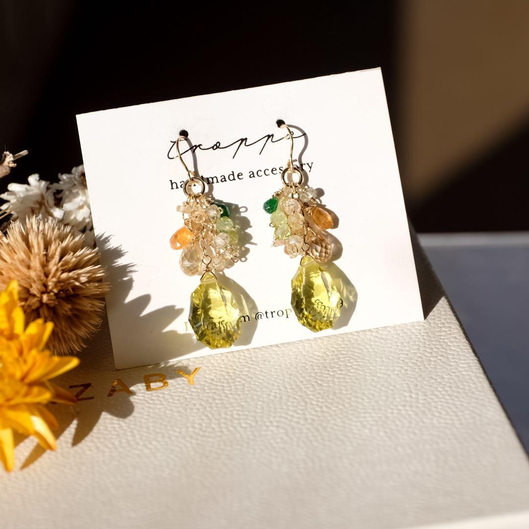 14kgfレモンクォーツロゼッタカービングピアス/イヤリング