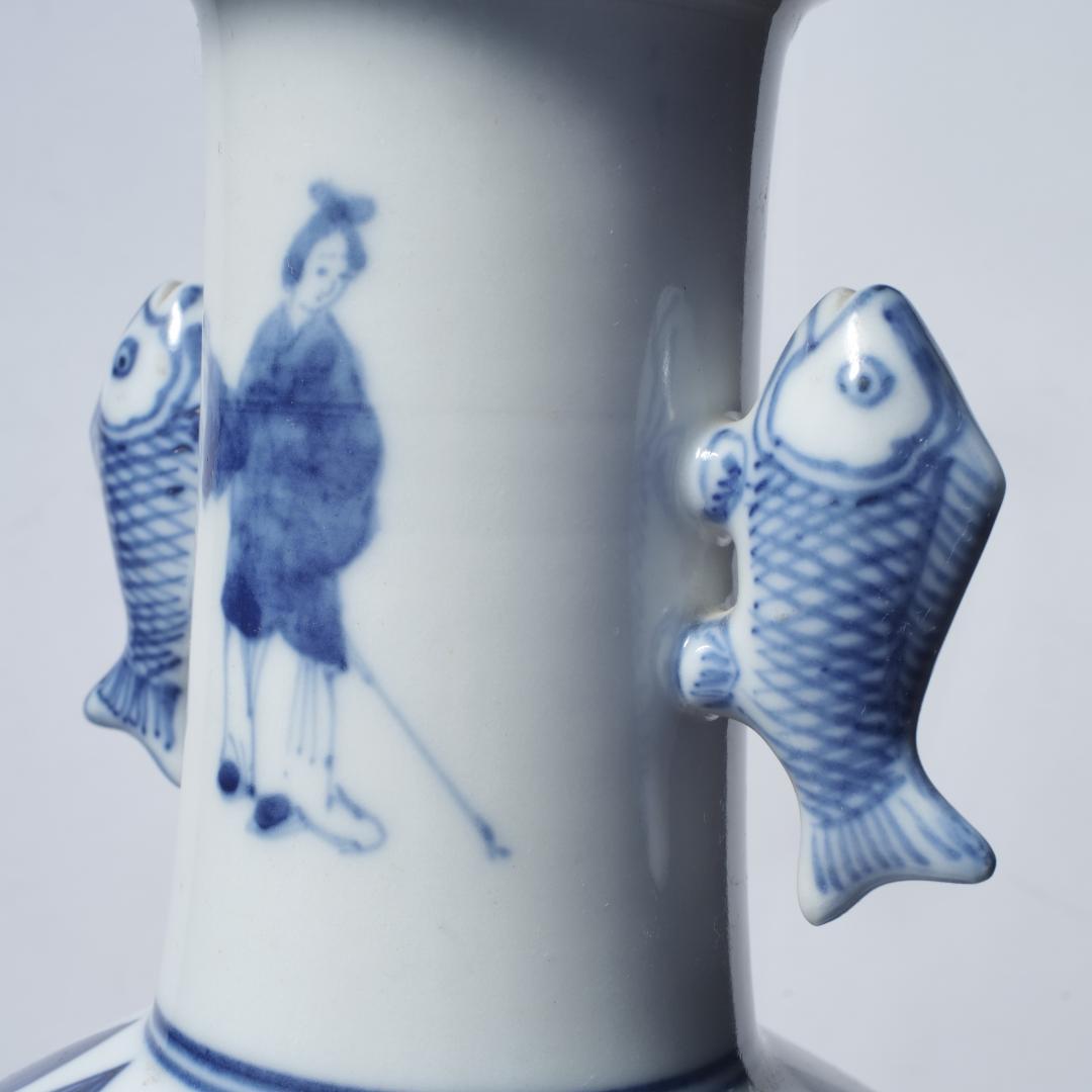 民藝】景徳鎮 染付高砂手花瓶 魚双耳 花瓶 花入 人物図 細密 - メルカリ