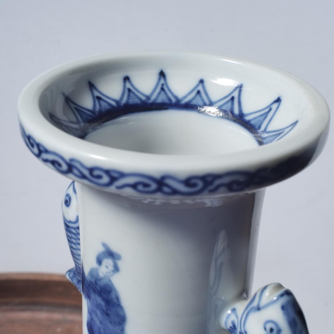 民藝】景徳鎮 染付高砂手花瓶 魚双耳 花瓶 花入 人物図 細密 - メルカリ