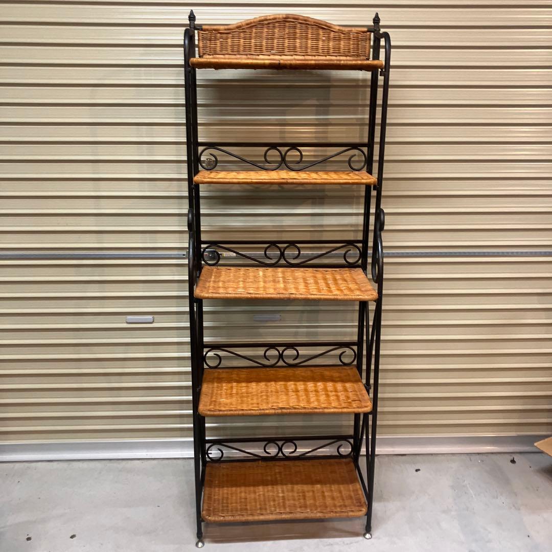 アンティーク調 アイアンフレーム 5段折りたたみラタンラック 飾り棚 花台レトロ
