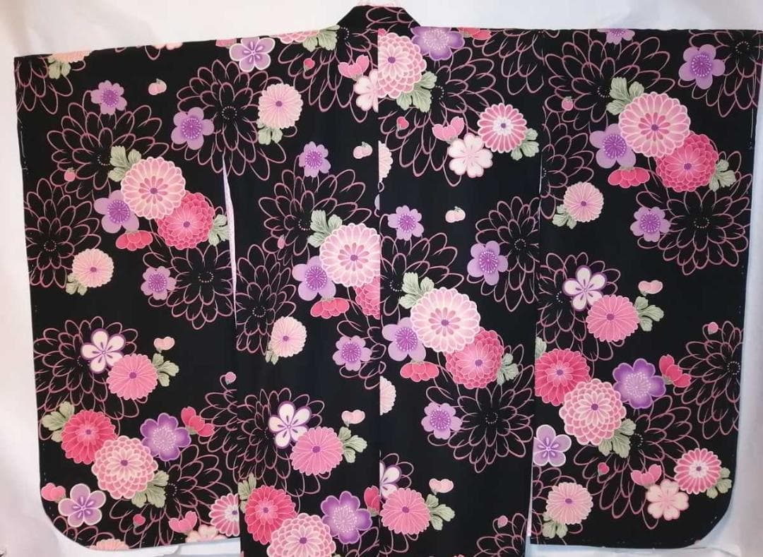 ★未使用品★古今ジュニア 七五三 7歳着物 黒地 桜菊柄 長襦袢付 ⑦-9