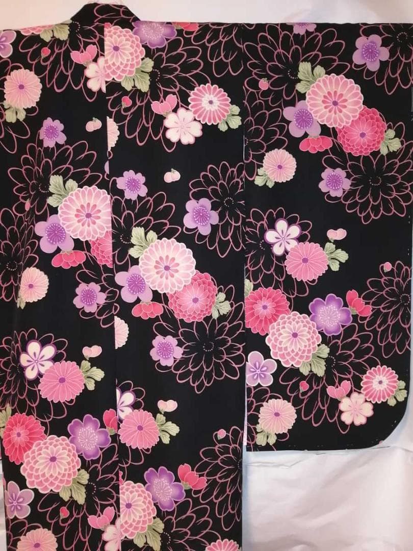 ★未使用品★古今ジュニア 七五三 7歳着物 黒地 桜菊柄 長襦袢付 ⑦-9