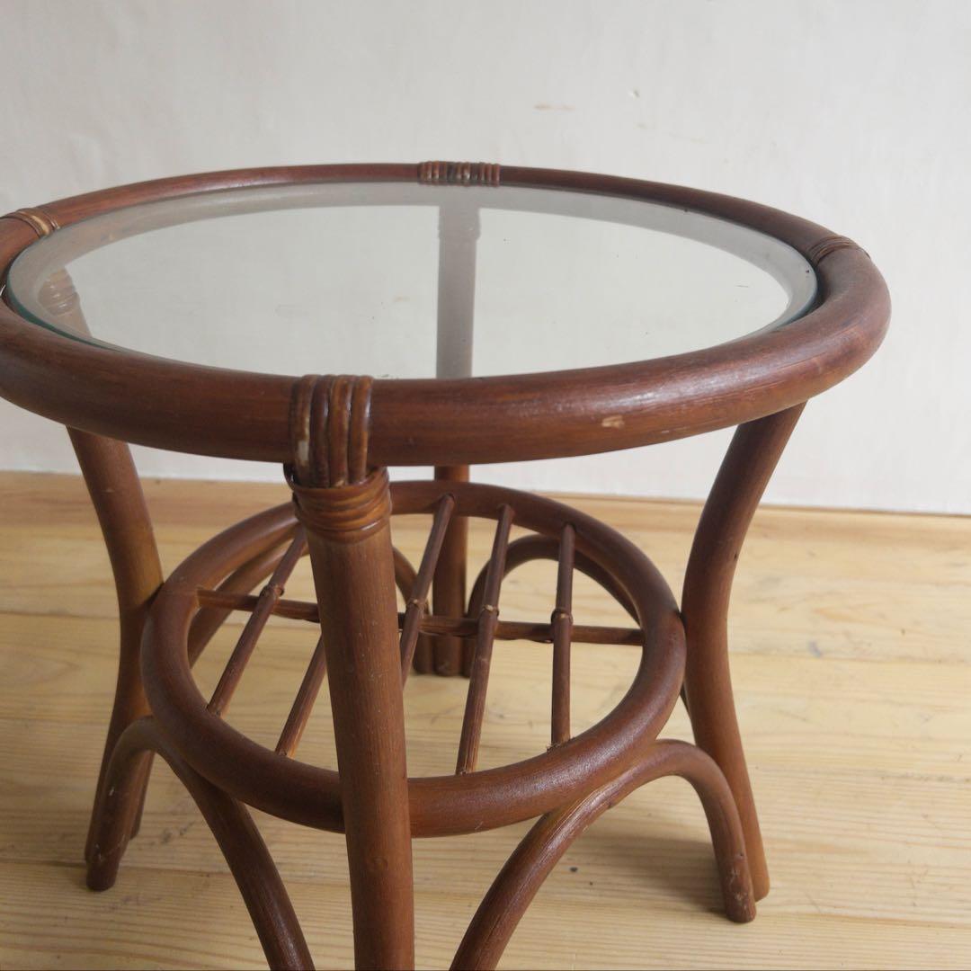 ラタン　サイドテーブル　ガラステーブル　古道具　古家具　ビンテージ　アンティーク