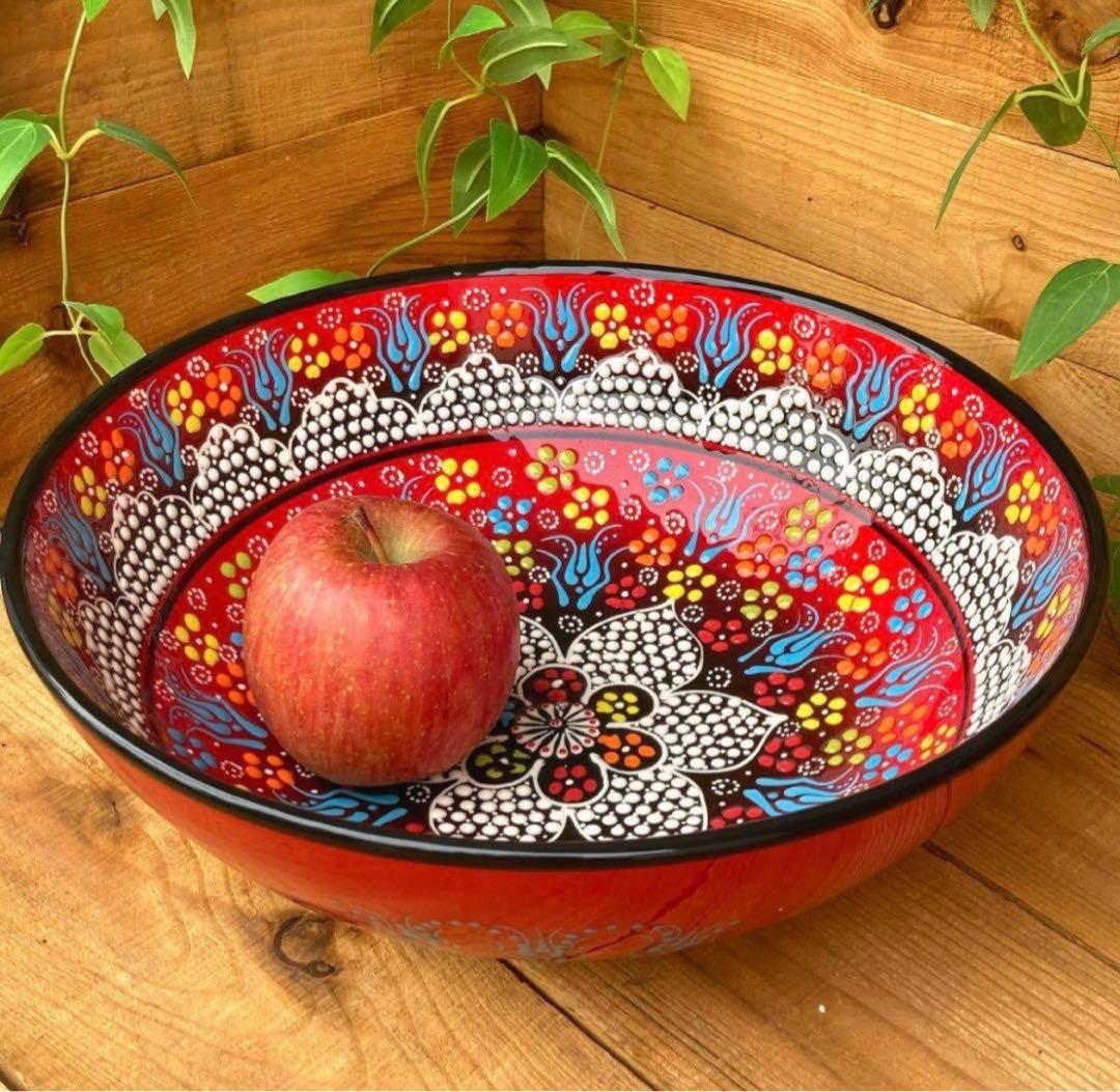 31.5cm☆新品☆【トルコ】陶器 特大サイズ ボウル ＊ 赤 ＊キュタフヤ＊