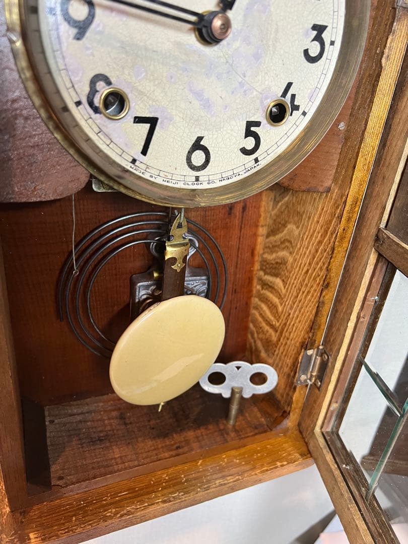 Meiji明治振り子時計ゼンマイ掛け時計古時計柱時計ボンボン時計　稼働品