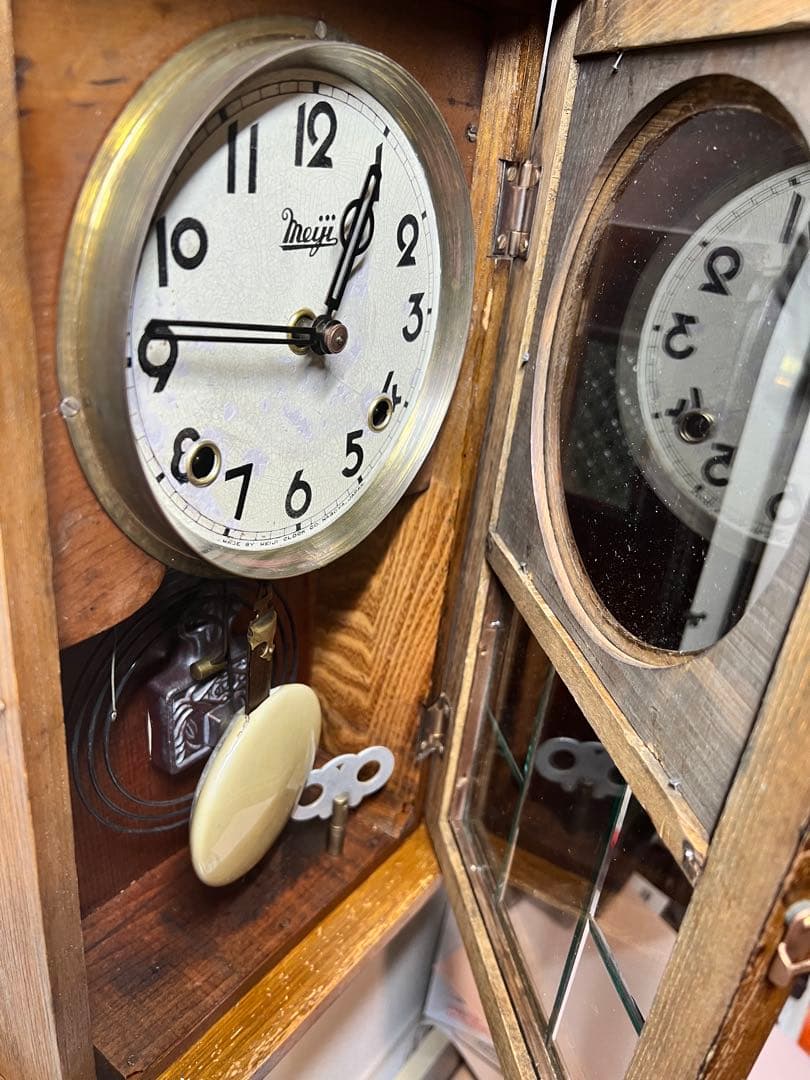Meiji明治振り子時計ゼンマイ掛け時計古時計柱時計ボンボン時計　稼働品