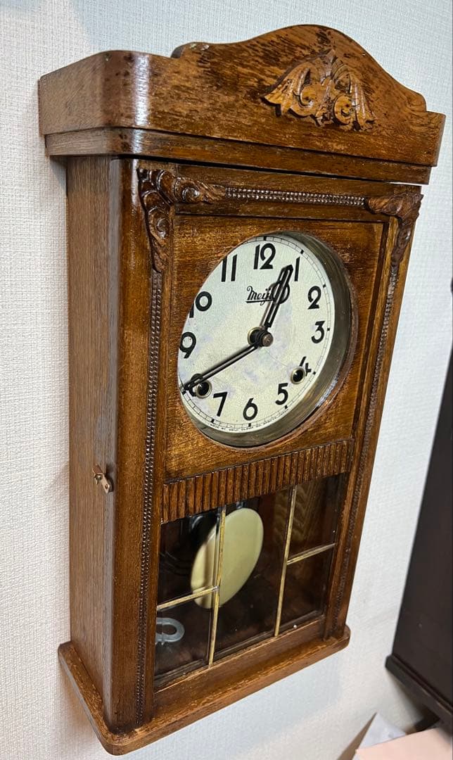 Meiji明治振り子時計ゼンマイ掛け時計古時計柱時計ボンボン時計　稼働品