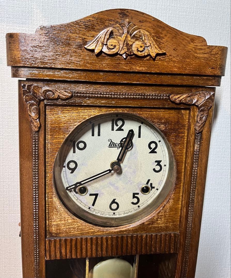 Meiji明治振り子時計ゼンマイ掛け時計古時計柱時計ボンボン時計　稼働品