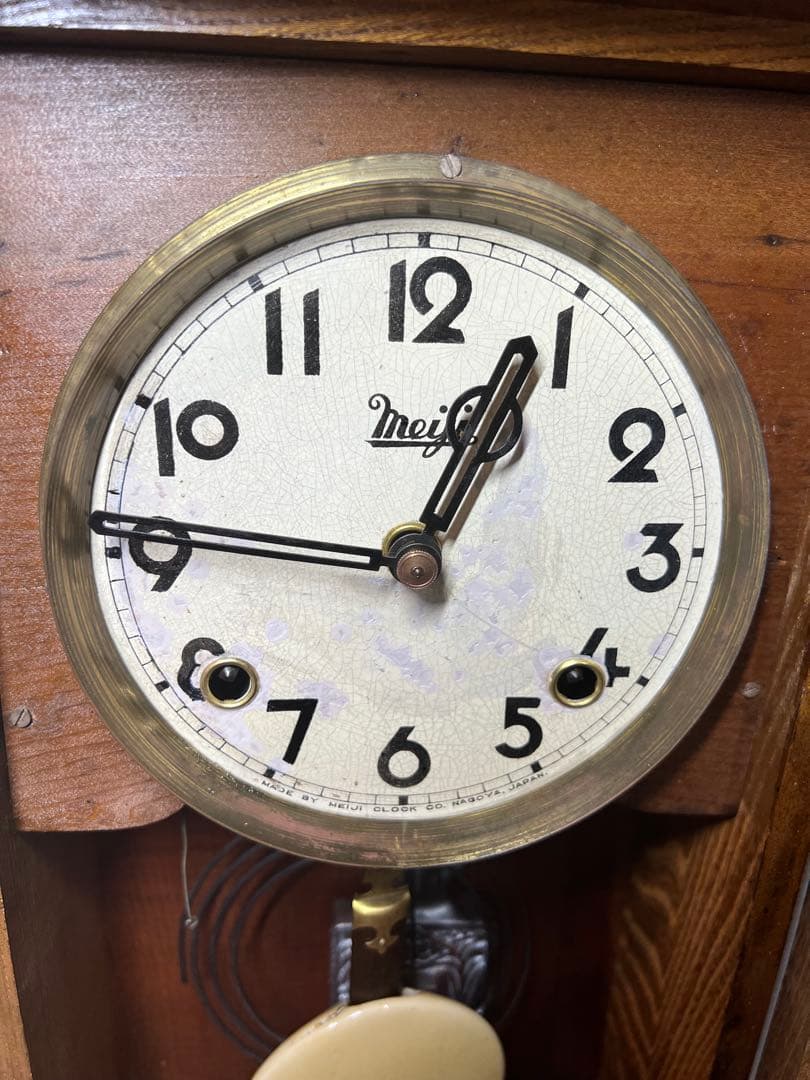 Meiji明治振り子時計ゼンマイ掛け時計古時計柱時計ボンボン時計　稼働品