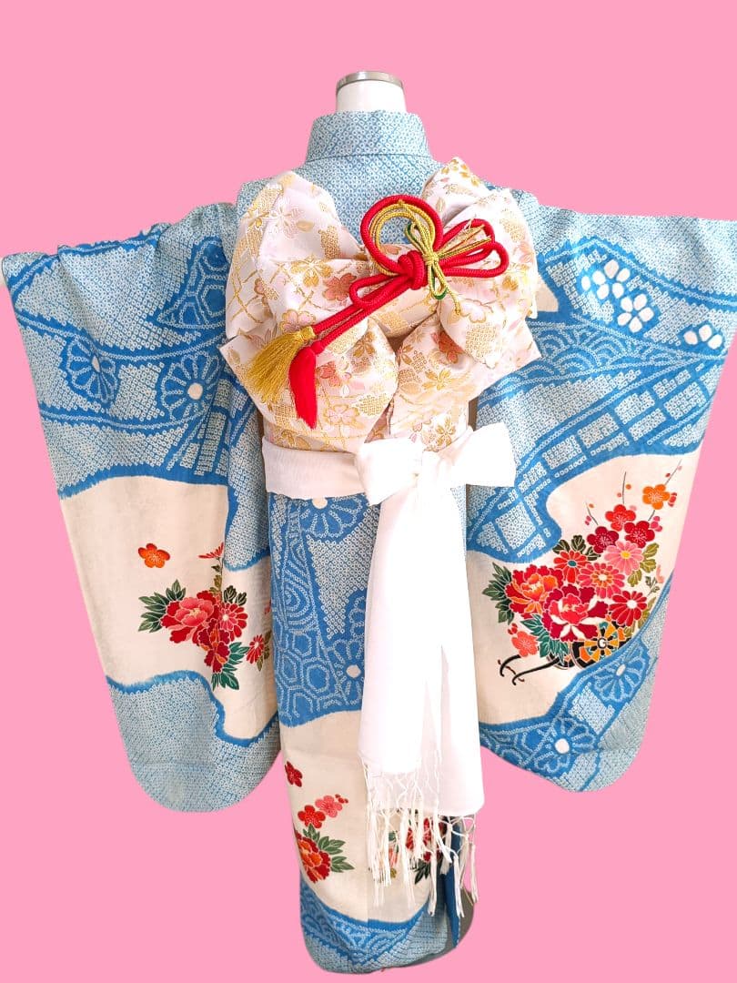 正絹☆絞り☆水色の着物単品