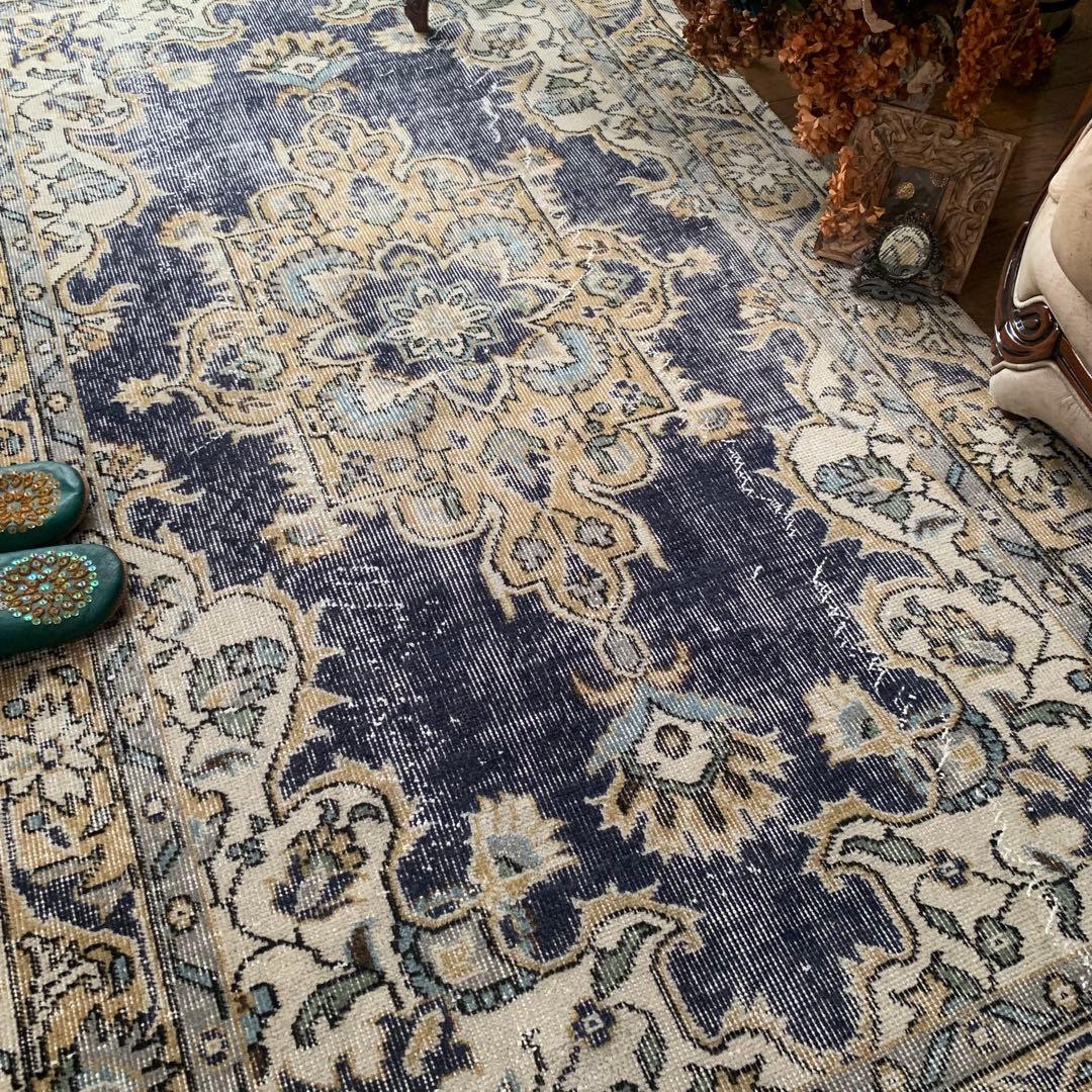 ネイビーブルー シャビー メダリオン208×113 トルコヴィンテージラグ
