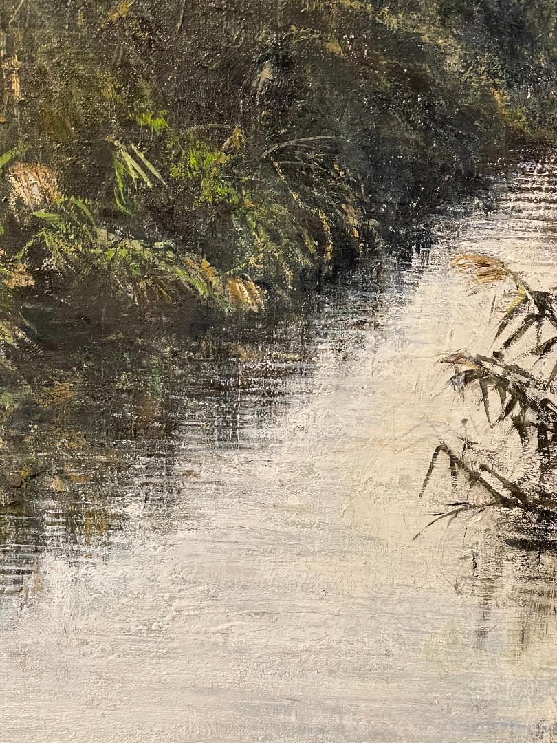 真作」真殿靖「水郷(安土八幡)」風景画 油彩画 額装 サイン有り P20号