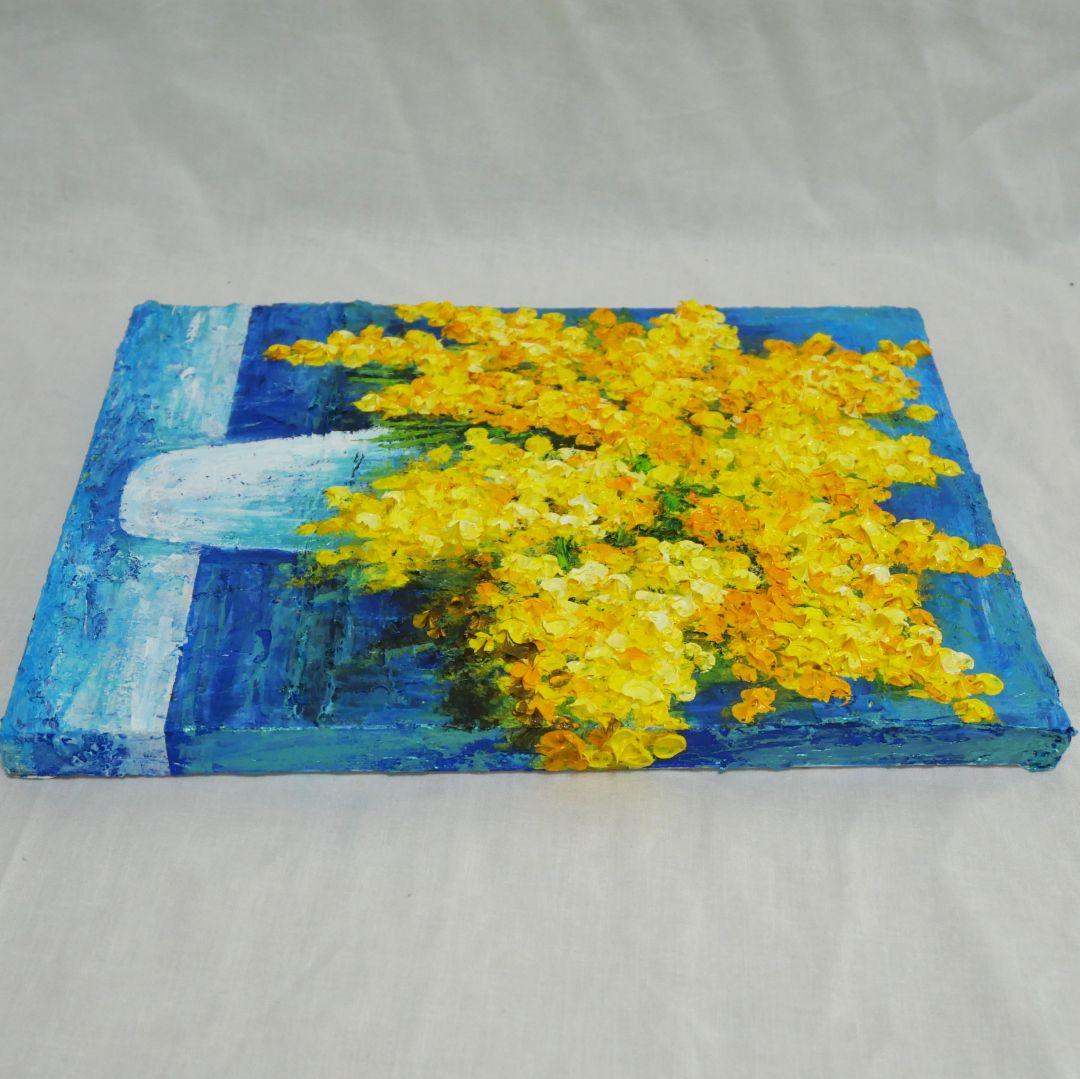 油絵 油彩 油彩画 絵 絵画 【青い背景のミモザ】