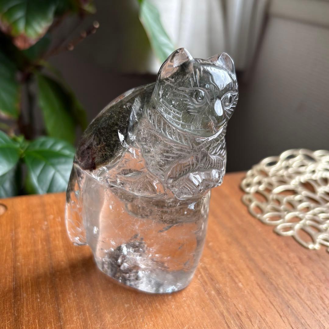 天然石 ブラジル産 グリーンガーデンクォーツ 猫の置物314g