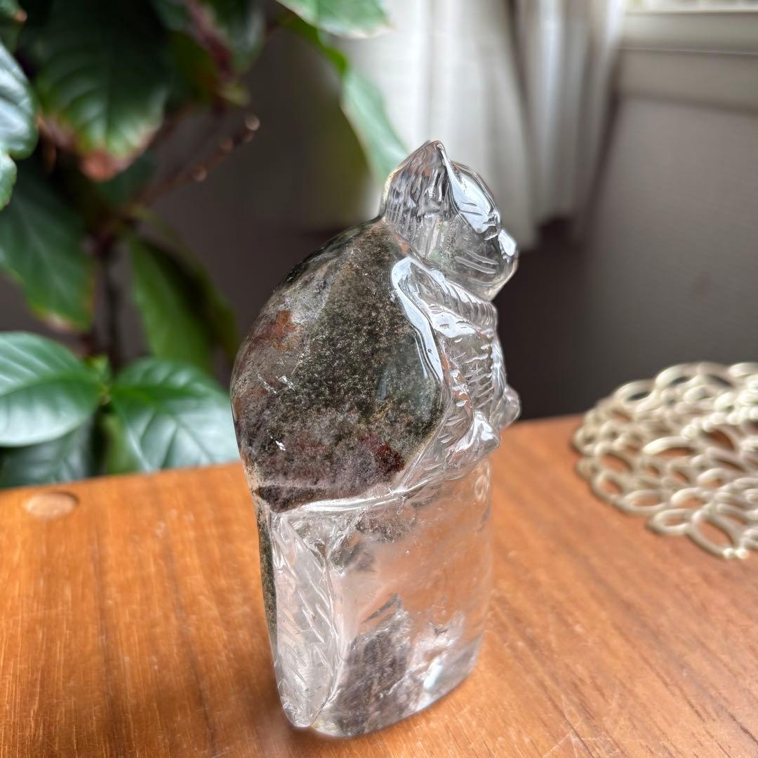 天然石 ブラジル産 グリーンガーデンクォーツ 猫の置物314g