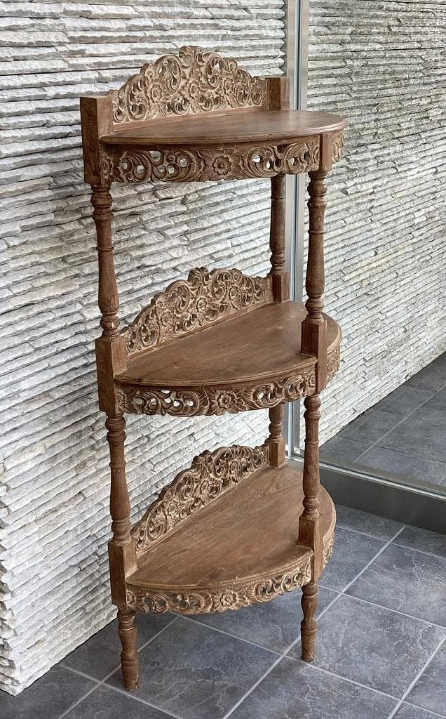 インドネシア　３段　飾り棚　木製　シェルフ　彫刻装飾