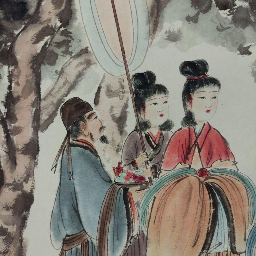 傅抱石《官苑遊怡図》　三尺中堂　掛軸　中国名人書画　人物画　防伪标识付