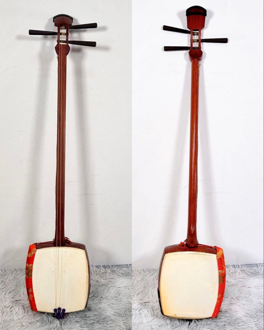 希少】長唄三味線 細棹 花梨 正寸 丸打胴 本皮 現状品