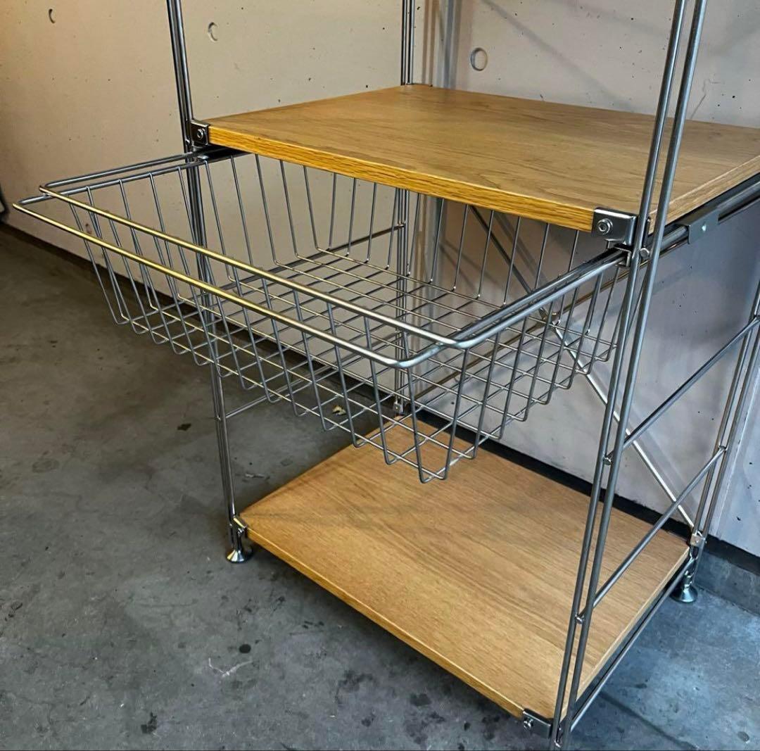 無印ステンレスユニットシェルフ・オーク材棚セット・大 パネル・バスケット付