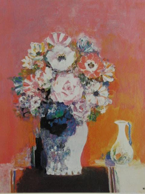 上橋薫、【赤いバックの花】、希少な額装用画集画、新品高級額 額装付