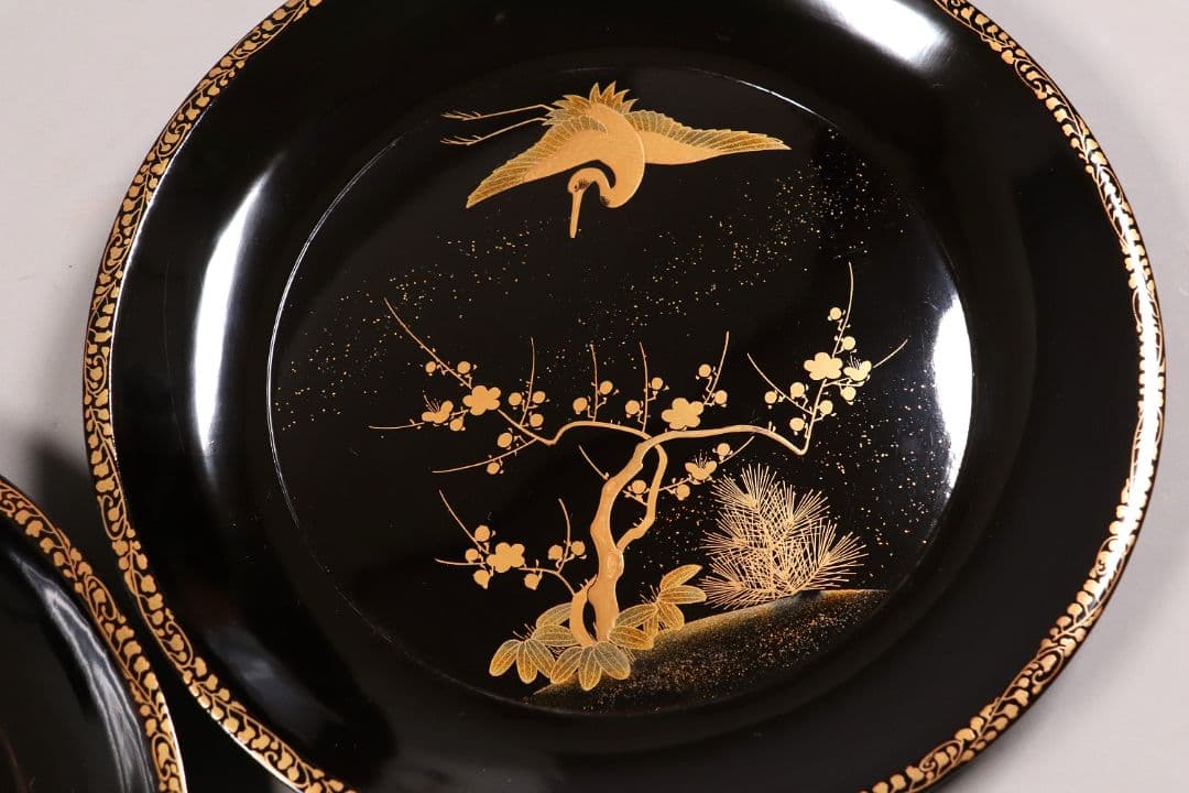 MA218 時代漆器 松竹梅鶴金蒔絵 縁唐草 黒塗 大徳寺盆 二客 菓子盆 木皿