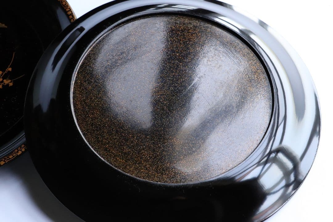 MA218 時代漆器 松竹梅鶴金蒔絵 縁唐草 黒塗 大徳寺盆 二客 菓子盆 木皿