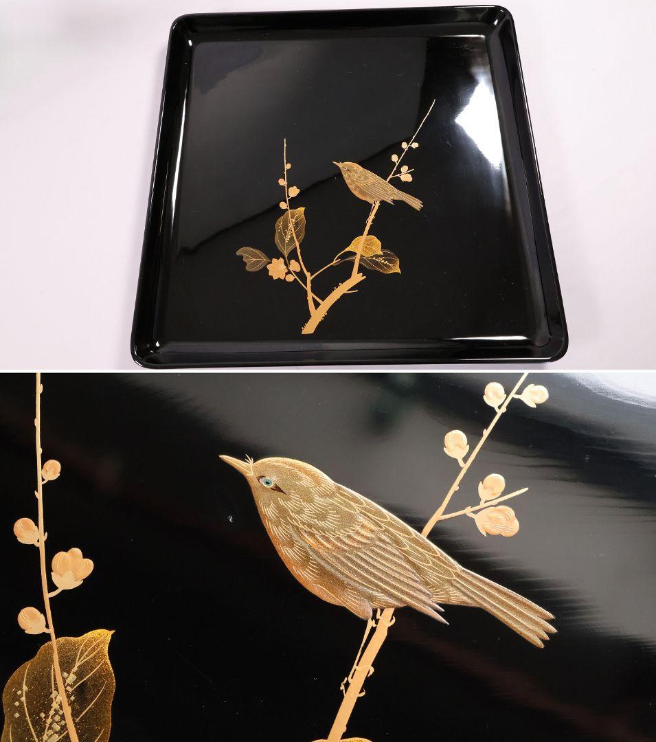 【MB204】天然木漆塗 花鳥絵替金蒔絵 黒塗卓上膳十客 四方膳 36.3cｍ