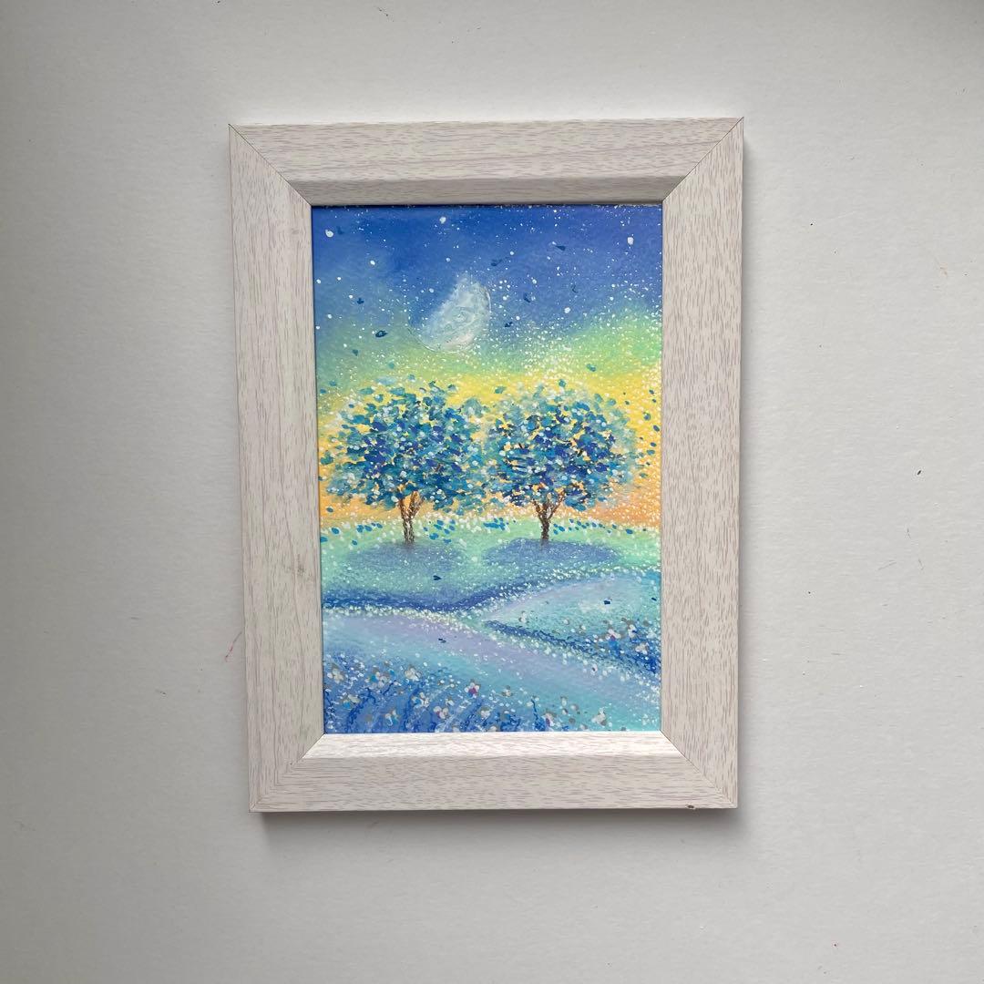 オイルパステル画 アクリル画 そっと寄り添う二本の木 風景画 ご予約品