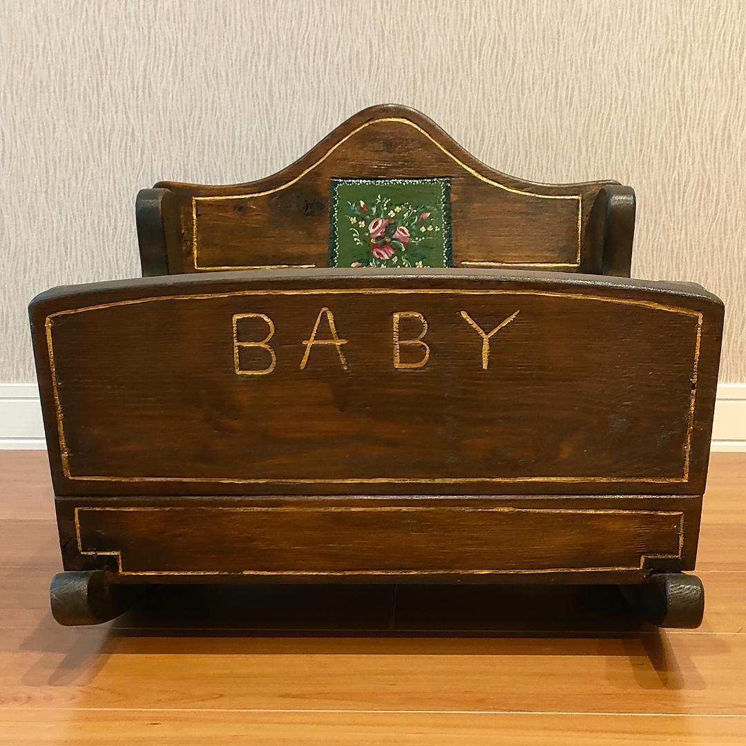 アンティーク　ロッキング　花台　ドールベッド　木製