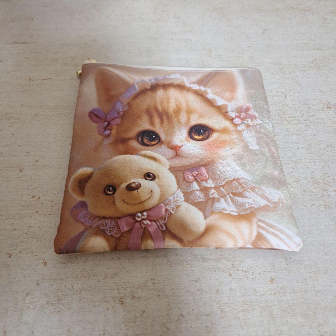 激レアねこパネル生地　ハンドメイド　フラットポーチ　ミニバック
