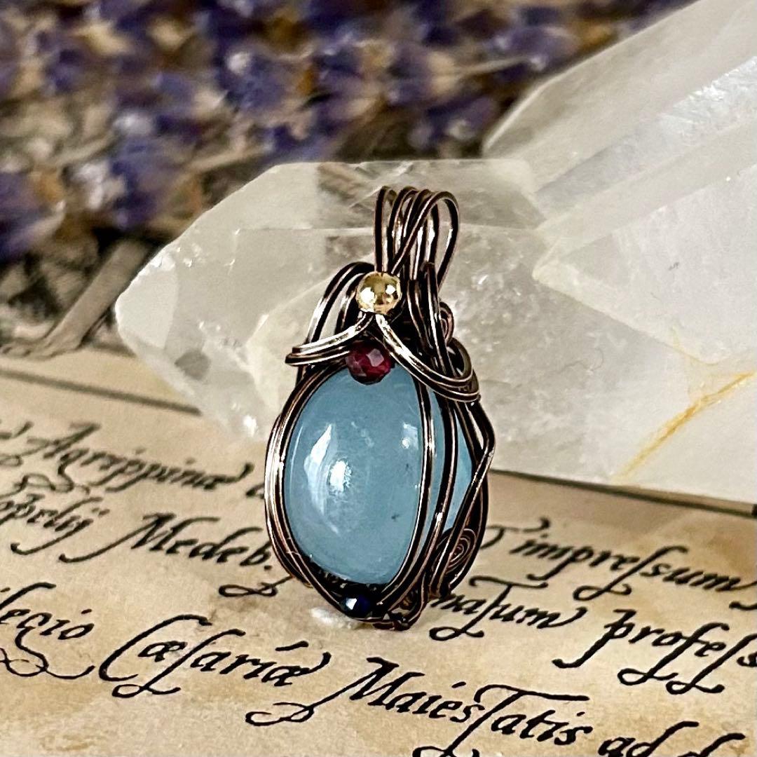 特別価格】天然石 アクアマリン☆ワイヤーラッピング チョーカー付き