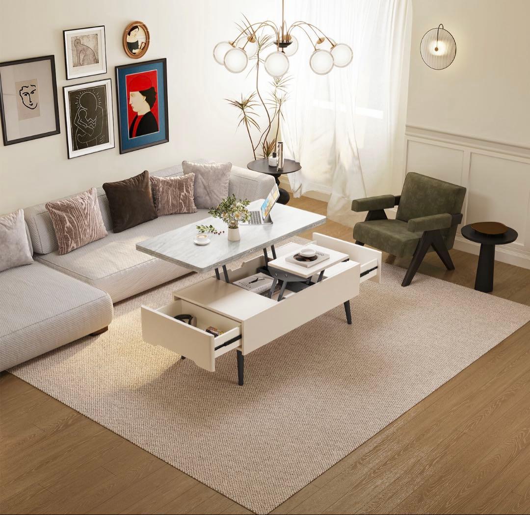 【元値】¥65,840！昇降式ローテーブル幅120cm 大理石柄 収納付