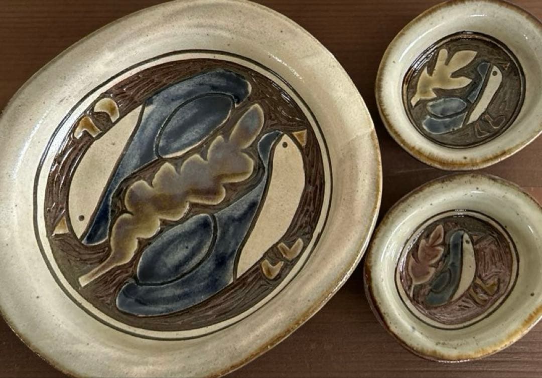 No.92 掻き落とし 楕円皿　大小セット　シロハラクイナ　やちむん