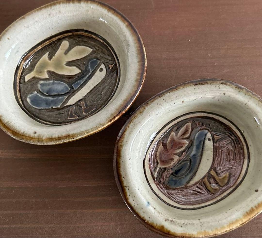No.92 掻き落とし 楕円皿　大小セット　シロハラクイナ　やちむん