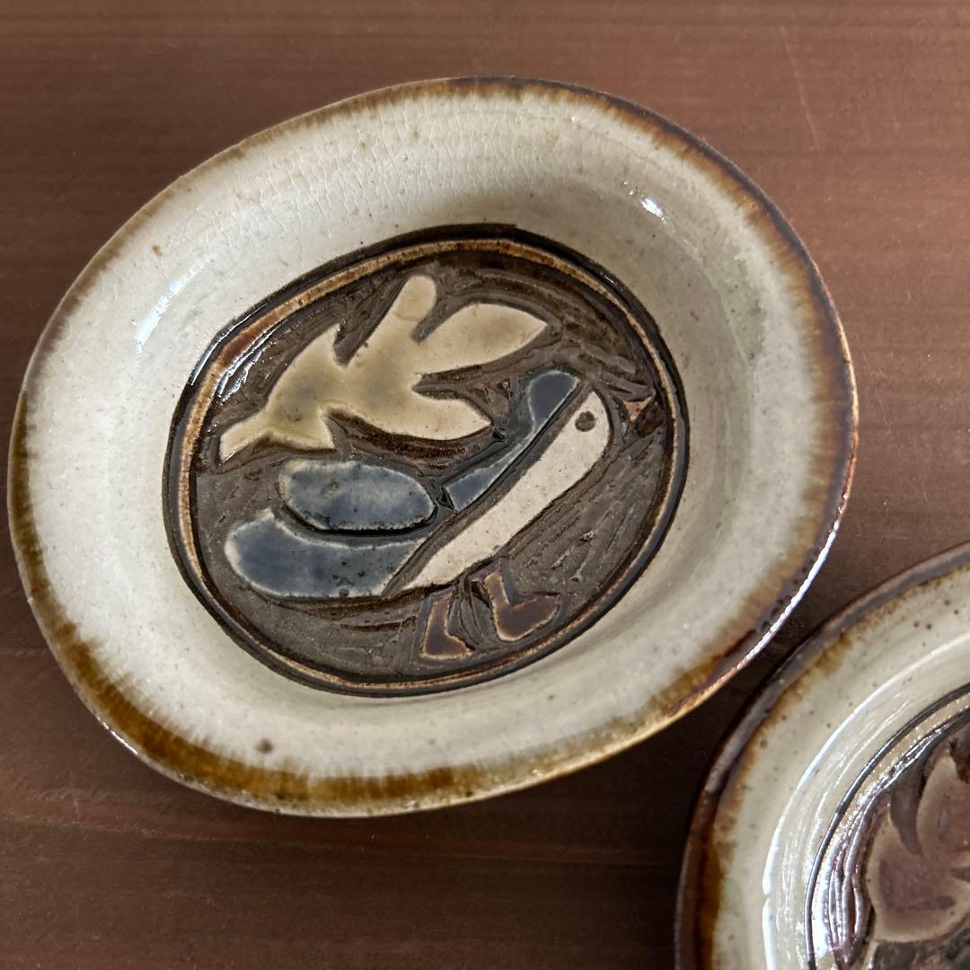 No.92 掻き落とし 楕円皿　大小セット　シロハラクイナ　やちむん