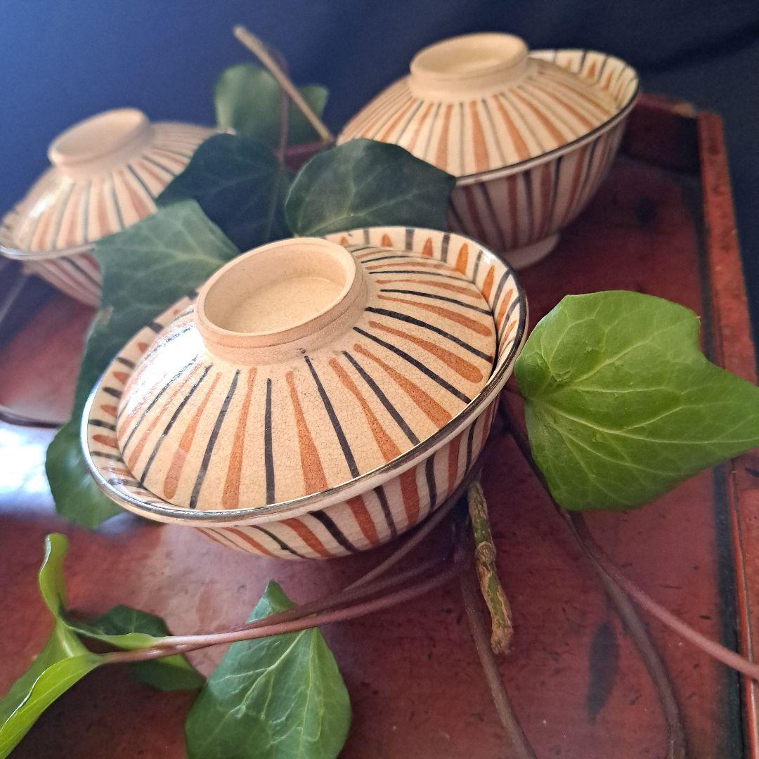 「麦わら手(で)を愉しむ！」瀬戸焼き蓋茶碗(直径11.5cm) 4客セット 骨董