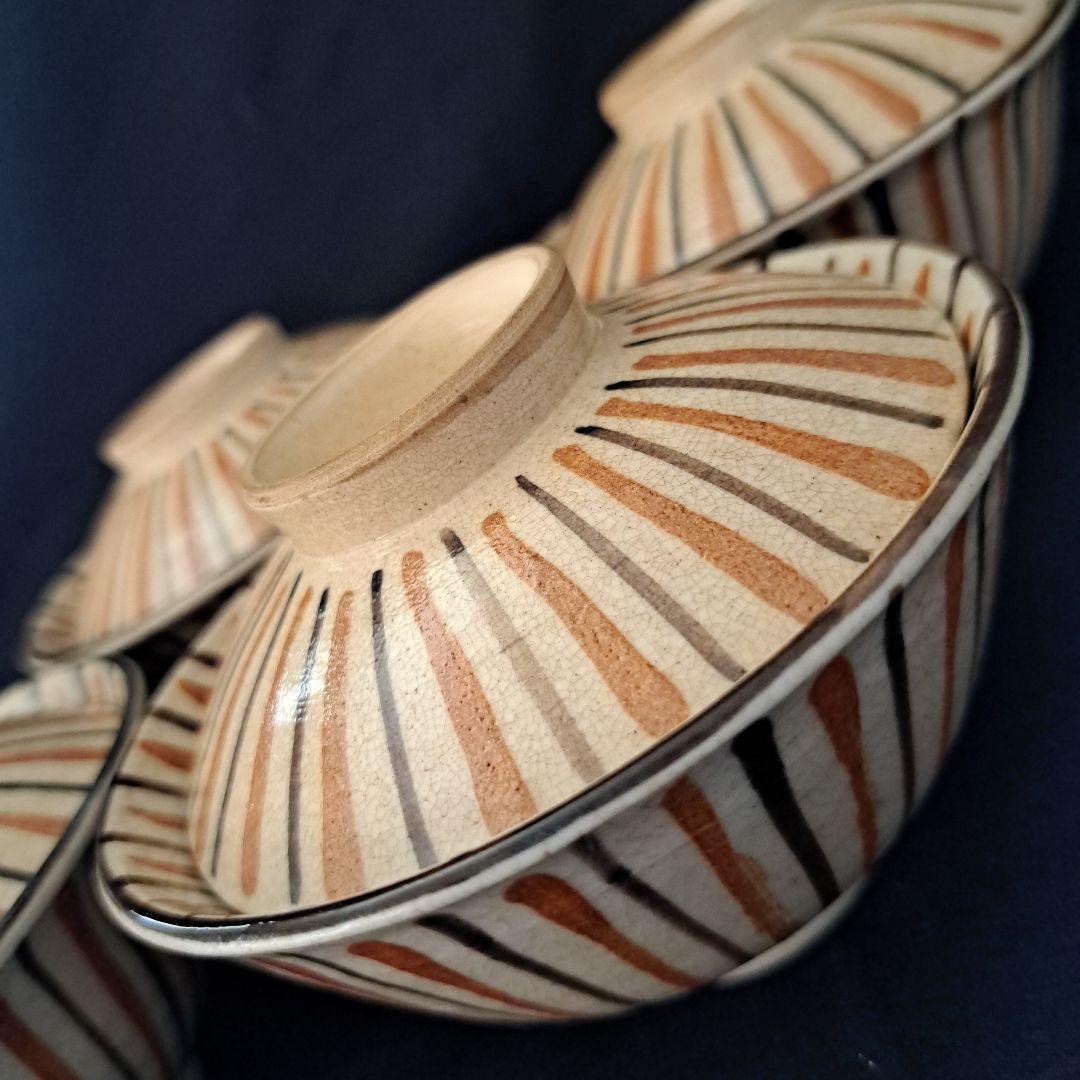 「麦わら手(で)を愉しむ！」瀬戸焼き蓋茶碗(直径11.5cm) 4客セット 骨董