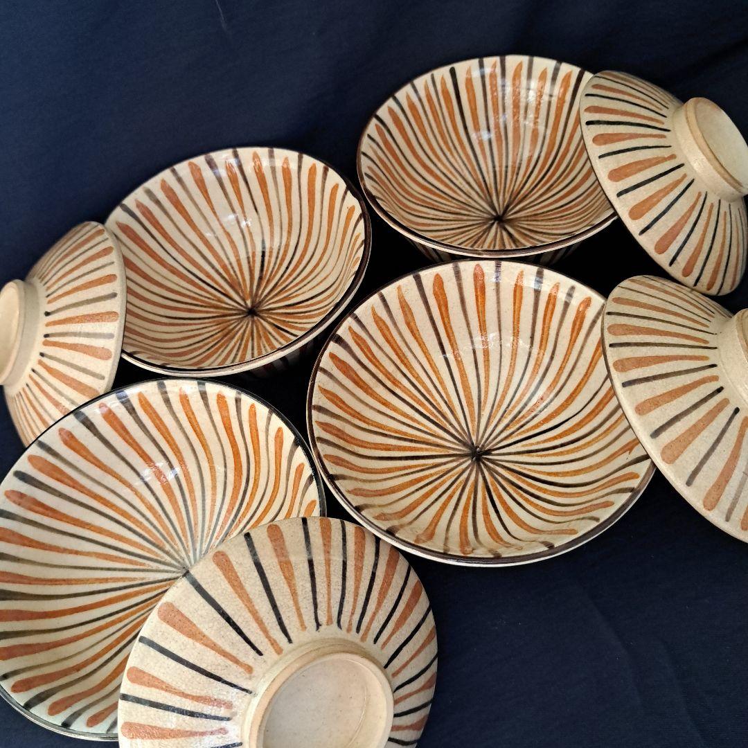 「麦わら手(で)を愉しむ！」瀬戸焼き蓋茶碗(直径11.5cm) 4客セット 骨董