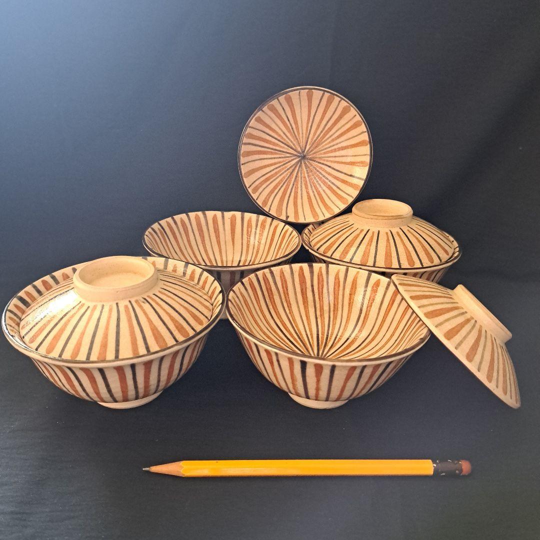 「麦わら手(で)を愉しむ！」瀬戸焼き蓋茶碗(直径11.5cm) 4客セット 骨董