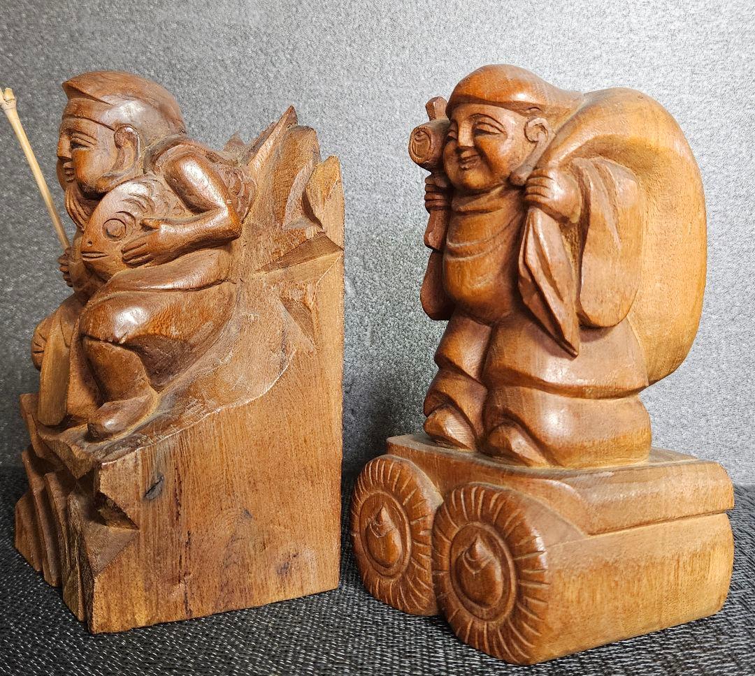 明治時代～大正時代 木彫 欅材造 一刀彫 恵比寿大黒像 縁起物 七福神