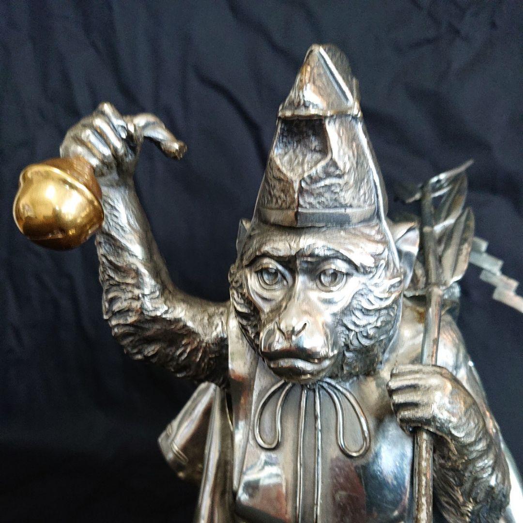 銀製三番叟猿置物 箱付き インテリア 骨董 アンティーク 申年 銀