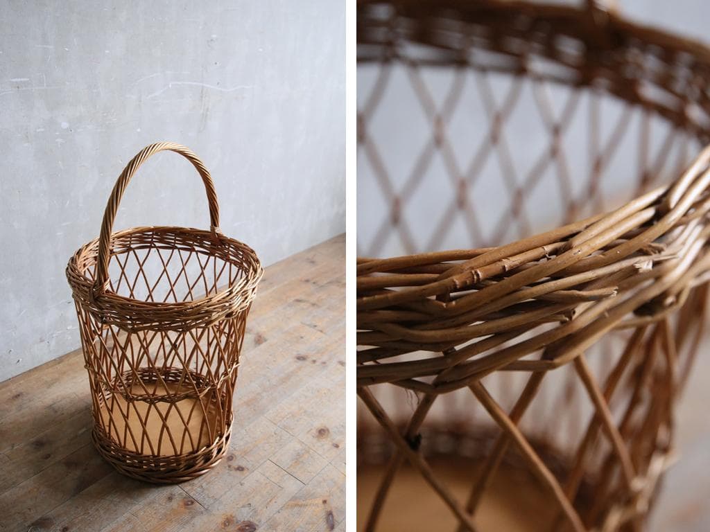 英国アンティークラタン製バスケット/アラログ/カゴバッグ/籐籠ゴミ箱80-130